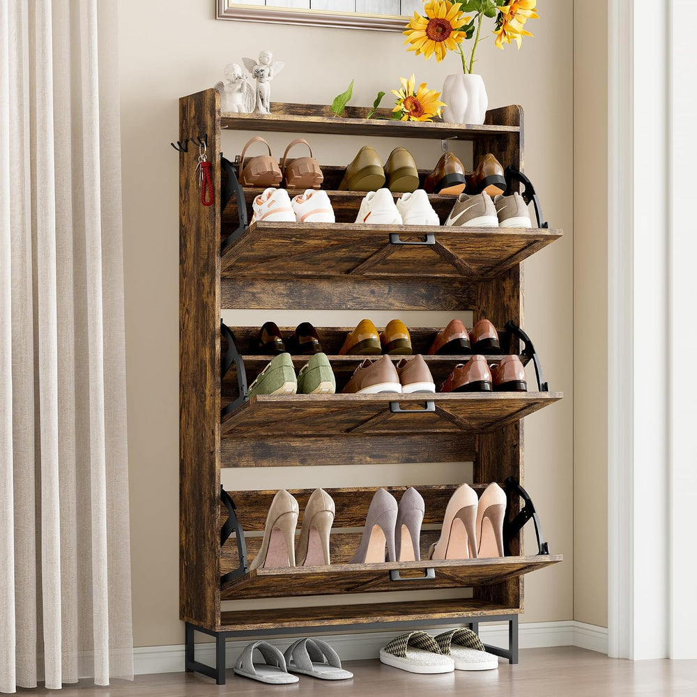 BORNOON Shoe Cabinet with 3 Flip Drawers Narrow Shoe Storage Cabinet Organize...