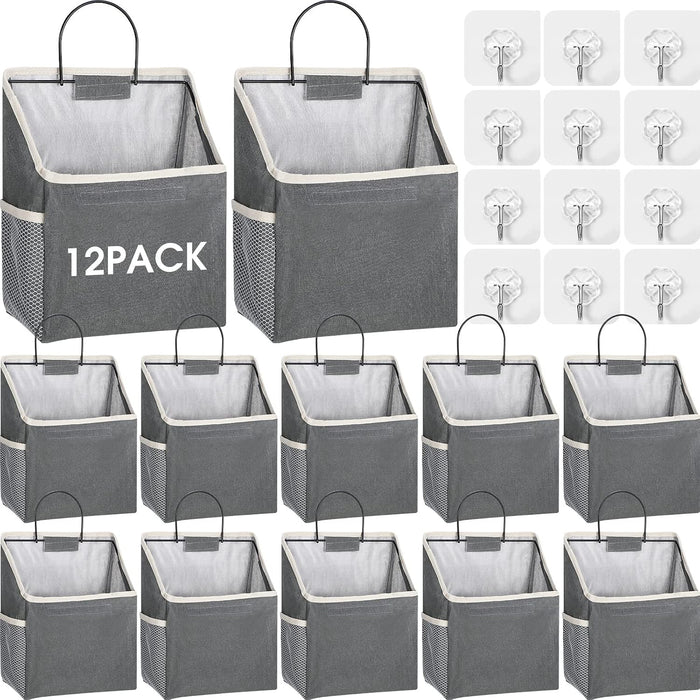 Woanger 12 Pcs Wall Hanging Storage Bag Wall Hanging Organizer Bag Over The Door Closet Basket Containers Bins with Hooks Pockets for Bedroom Bathroom, 15 x 4.3 x 8.7''(Gray)