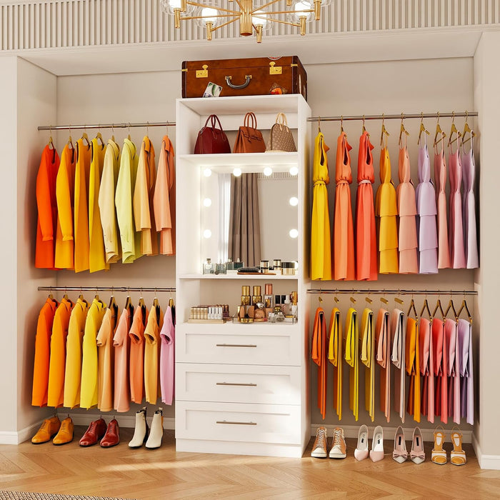 Closet System with Drawers, 2FT–9FT Closet Organizer System with 4 Adjustable Rods & 2 Shelves for Walk in Closet, Built in Closet System with Mirror and Light, Small Freestanding Closet System, White