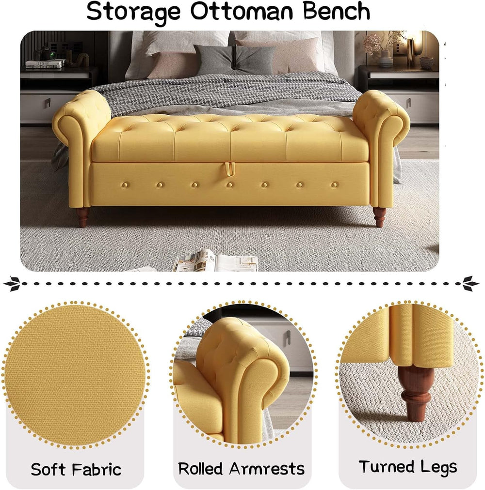 Tomkate Fabric Armed Storage Bench, 63" Tufted Storage Bench for Bedroom...