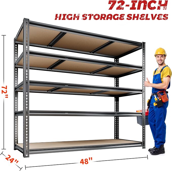 48"W Garage Shelving, 3050LBS Storage Shelves heavy duty, 5 Tier Metal S...