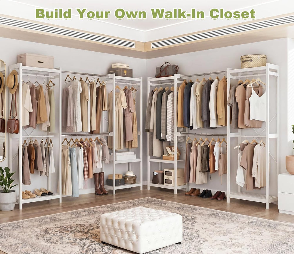 Homykic Bamboo Clothing Rack, 74”-88” Expandable Closet System, White