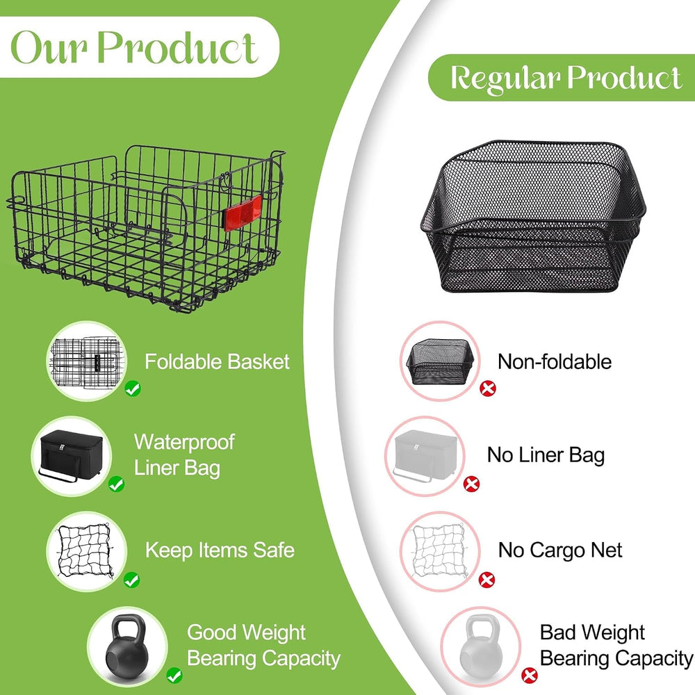 Aodaer Bike Basket with Removable Liner Bag Cargo Net Large Folding Bike Bask...