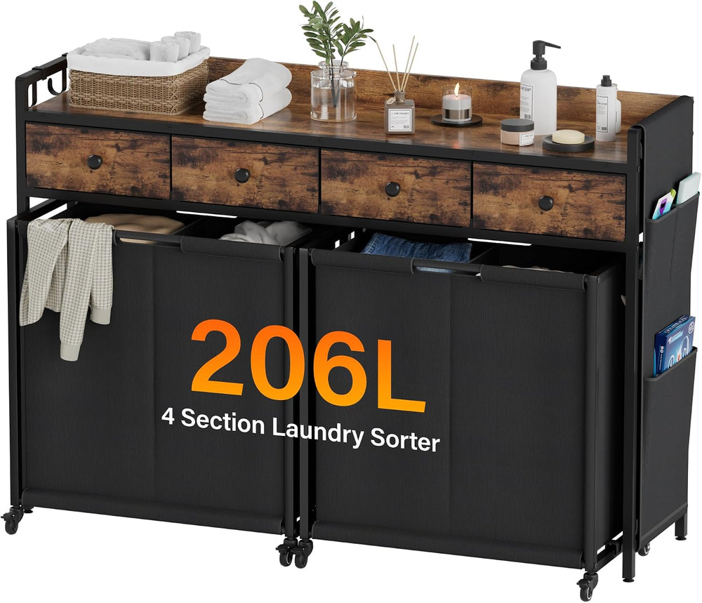 4 Section Rolling Laundry Sorter, Fabric Drawers & Pull-Out Car