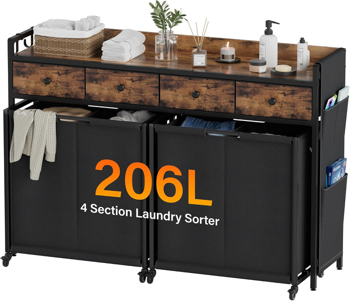 4 Section Rolling Laundry Sorter, Fabric Drawers & Pull-Out Car