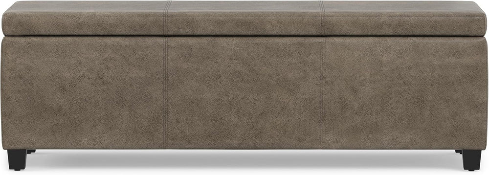 SIMPLIHOME Avalon 48" Wide Vegan Leather Storage Ottoman in Grey Brown