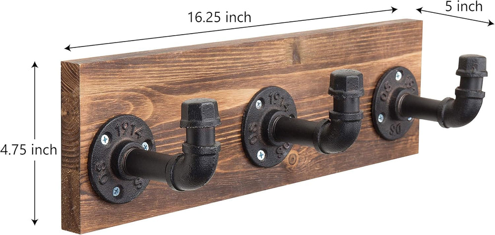 MyGift Wall Mounted Burnt Wood Coat & Hat Rack with 3 Hooks, Pipe Design