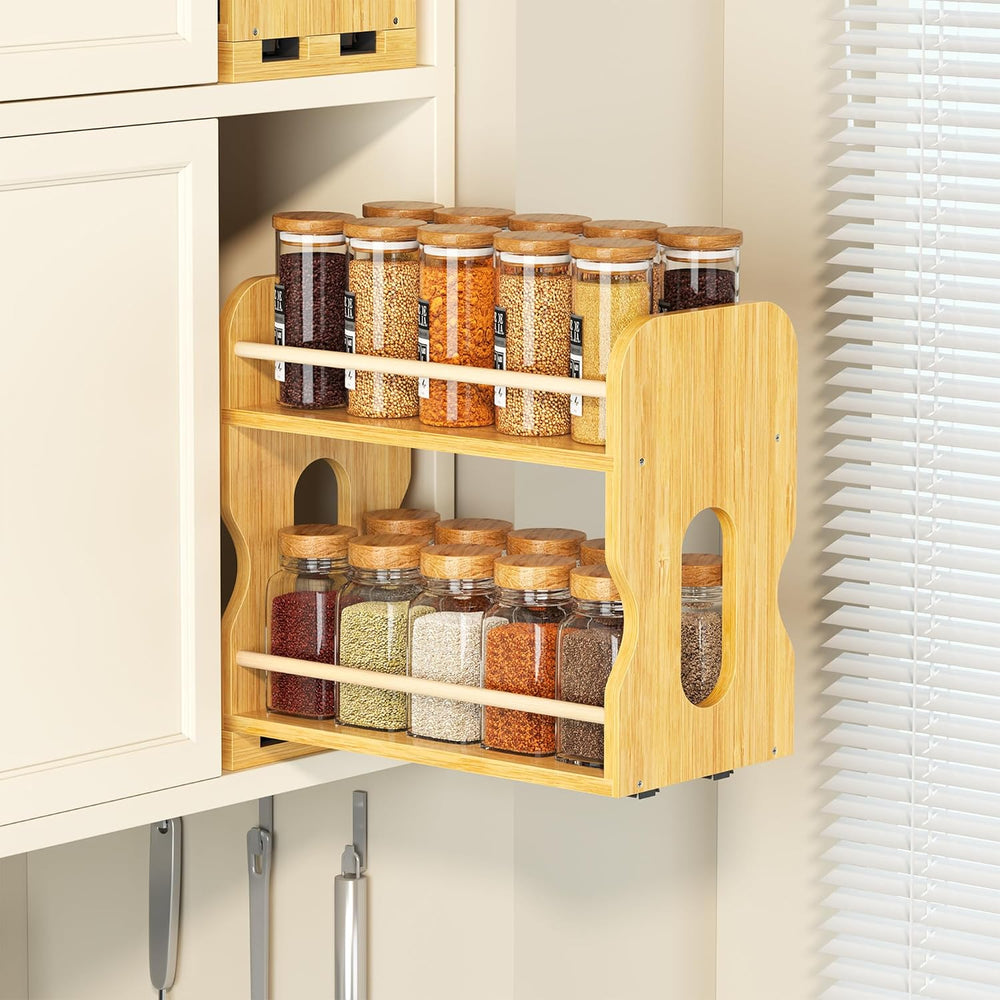 Bamboo Pull-Out Spice Rack for Cabinet, 5.12" Narrow 2-Tier Organizer