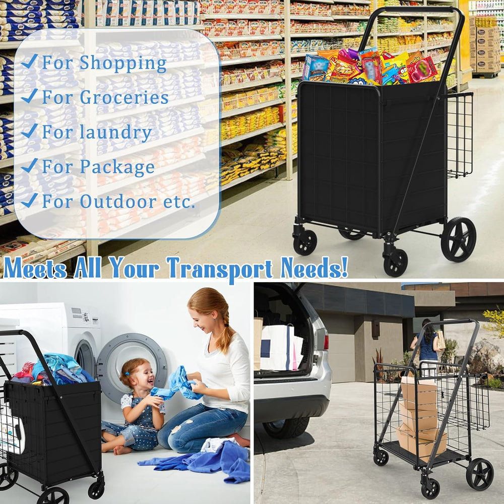 Heavy Duty Folding Shopping Cart for Groceries, Jumbo Grocery Carts with 360°...