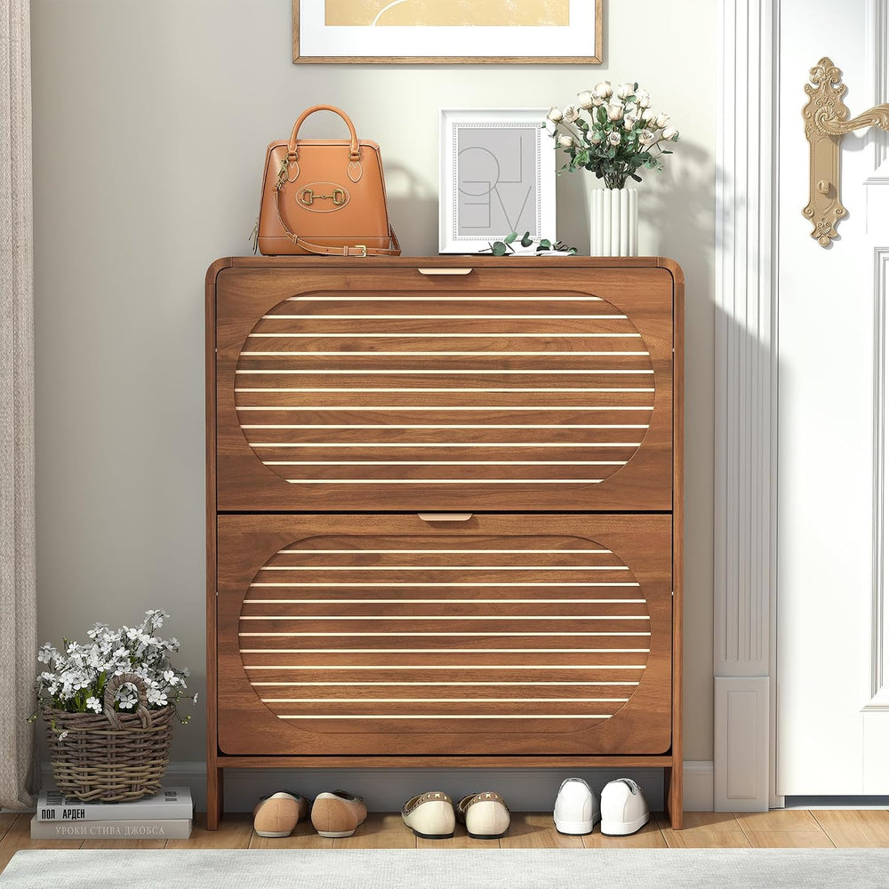 Curved Narrow Shoe Storage Cabinet for Entryway with 2 Flip Drawers, Wood Sho...