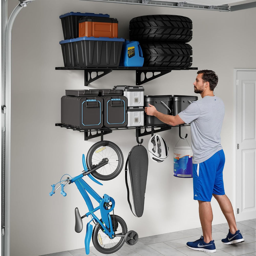 FLEXIMOUNTS 2-Pack 2x4ft Garage Shelving with Hooks, 600lbs Load, Black