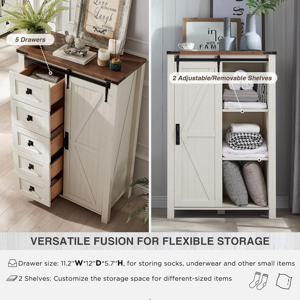 T4TREAM 5 Drawers Dresser with Sliding Barn Doors, Antique White