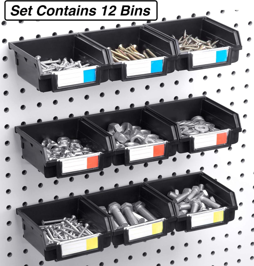 Pegboard Bins - 12 Pack Black - Hooks to Any Peg Board - Organize Hardware, A...