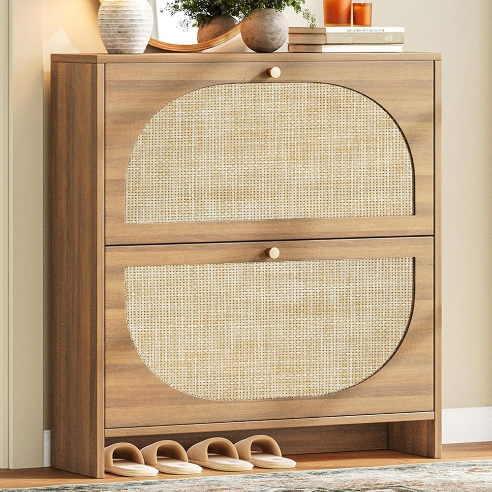 Rattan Shoe Cabinet with 2 Flip Drawers, Arched Accent Shoe Storage for Entry...