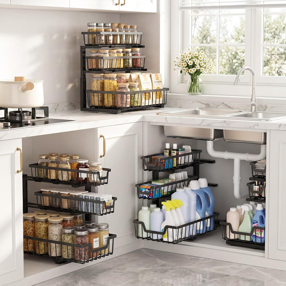 Under Sink Organizer, 2-Pack 3-Tier Height Adjustable Thickened Metal Pull ou...