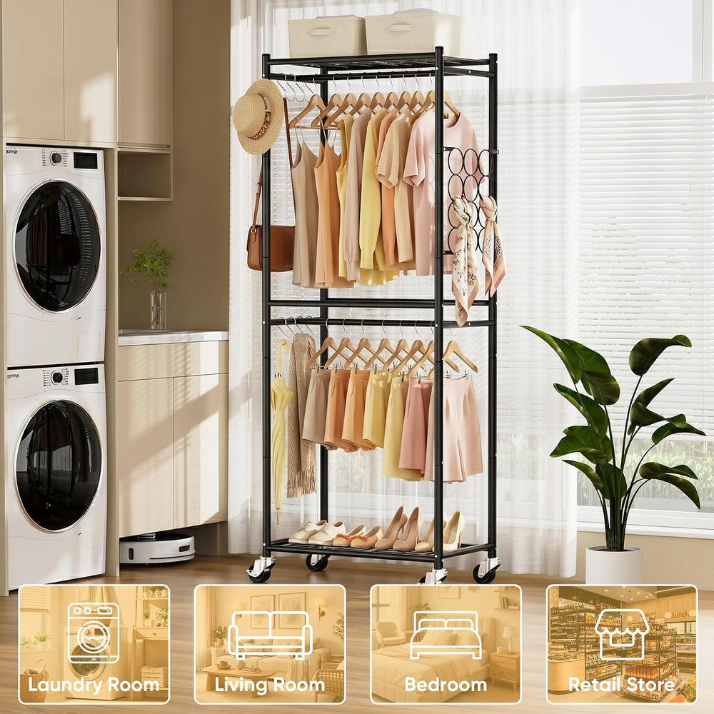 Aduanbang Heavy Duty Rolling Clothes Rack, 3 Tier Wire Shelving, Metal Garmen...