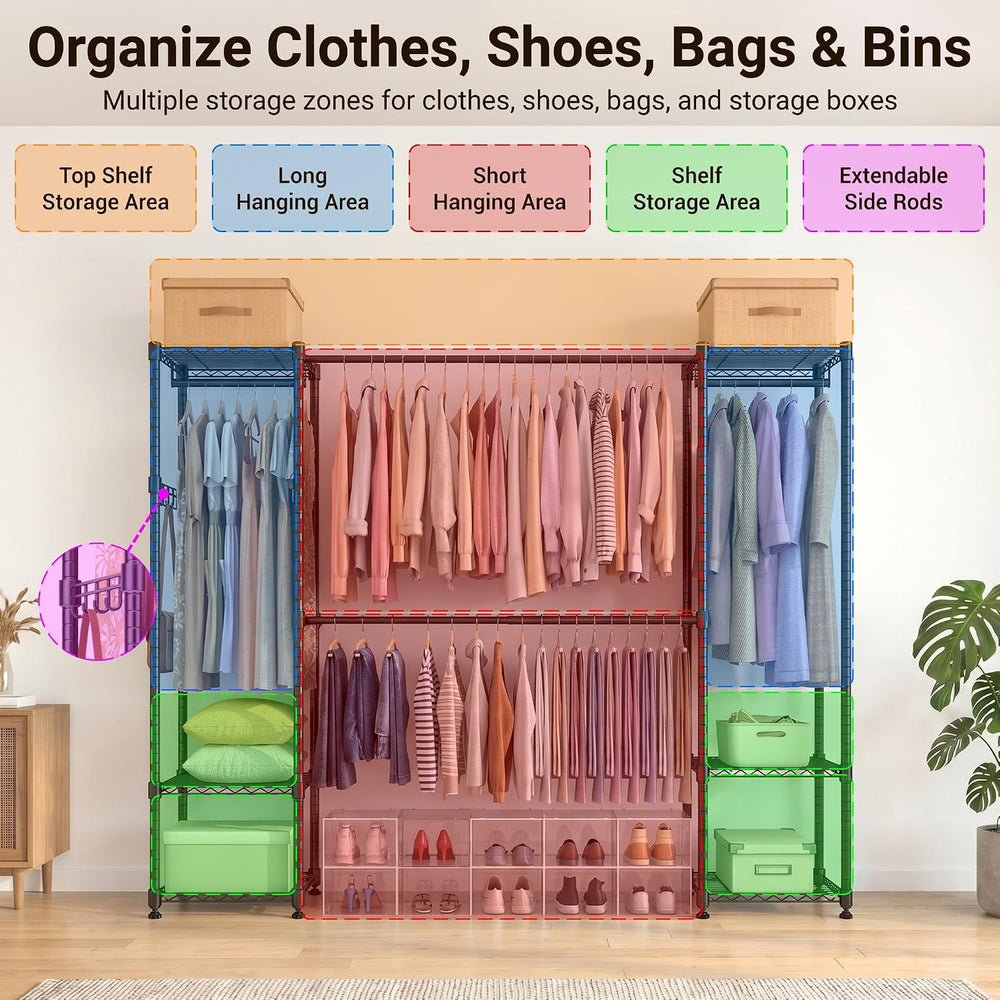 Homdox Heavy Duty Garment Rack, Expandable Freestanding Closet Organizer with...