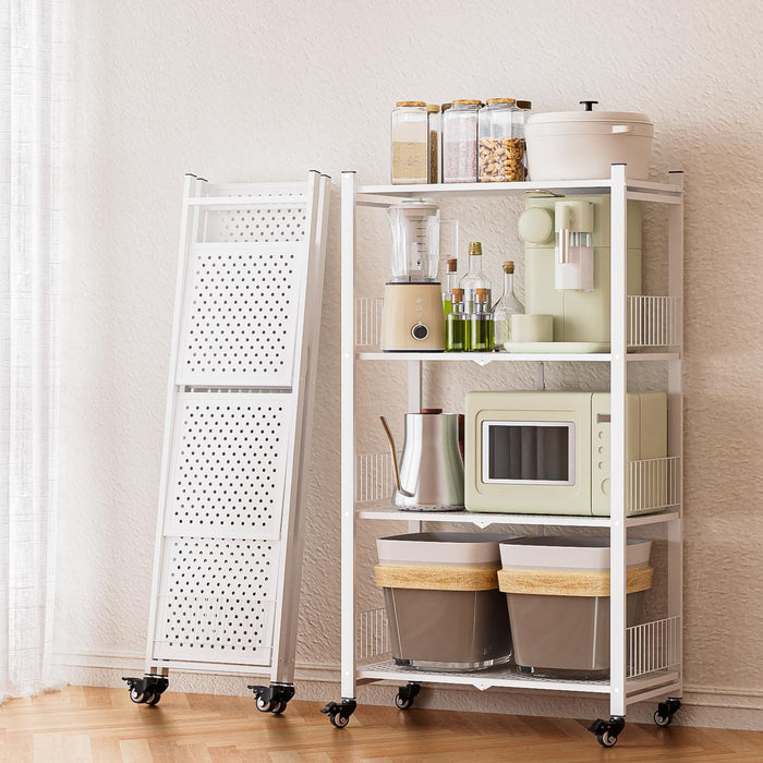 Folding Storage Shelves No Assembly, 4 Tier Foldable Storage Shelves with Wheels, Rolling Collapsible Rack for Pantry Laundry Room Kitchen, White