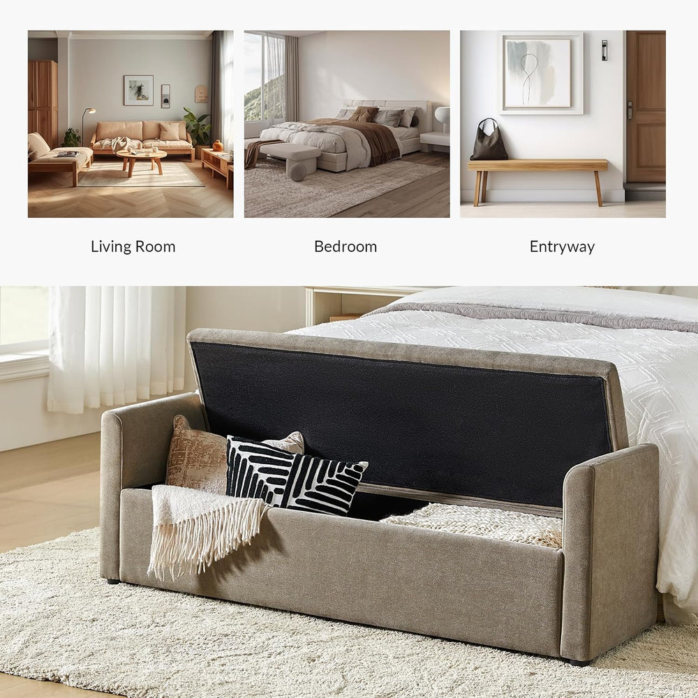 HULALA HOME 59" Storage Bench with 2 Throw Pillows & Armrests, Brown