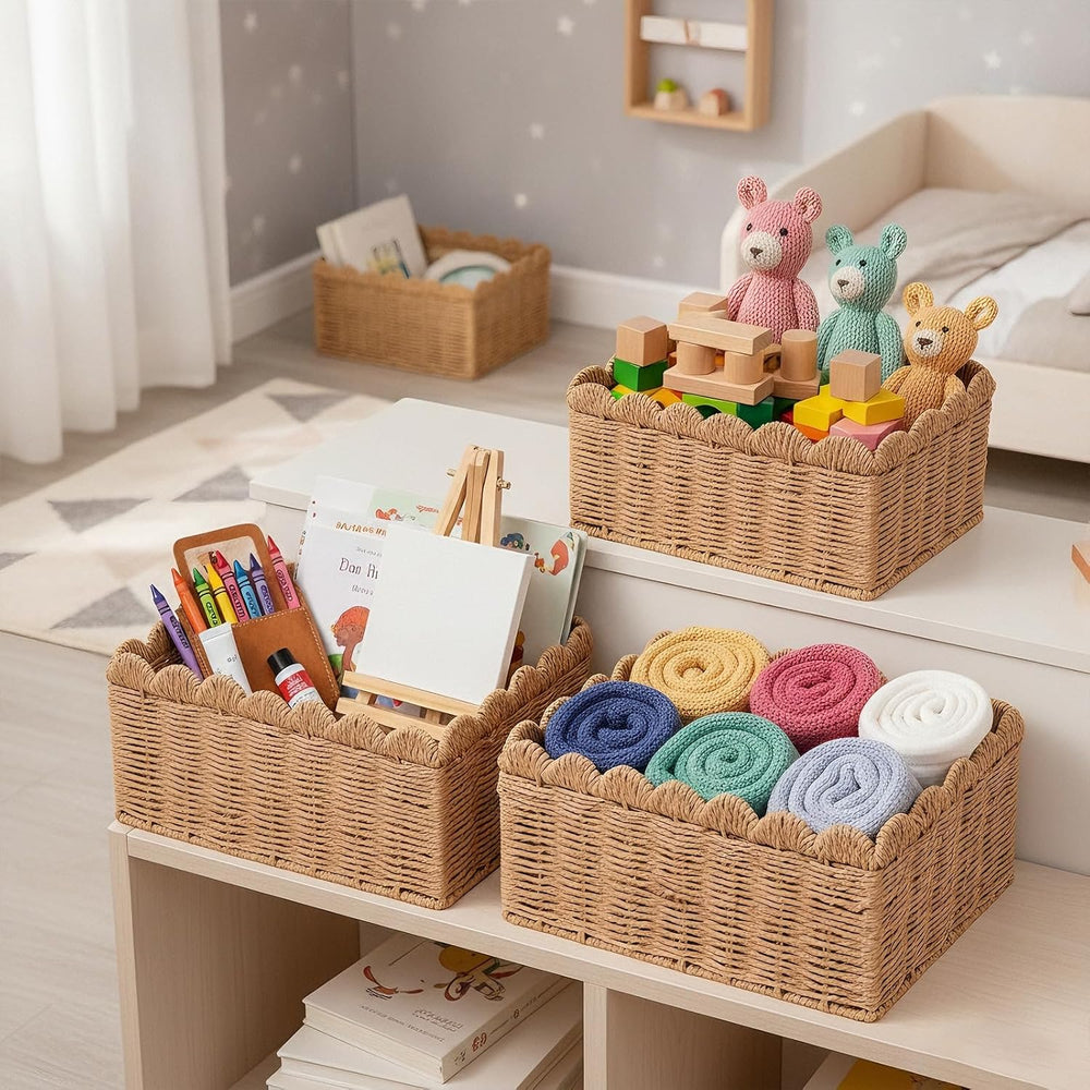 3 Pcs Wicker Storage Baskets for Shelves Picnic Basket,Scalloped Baskets, Han...