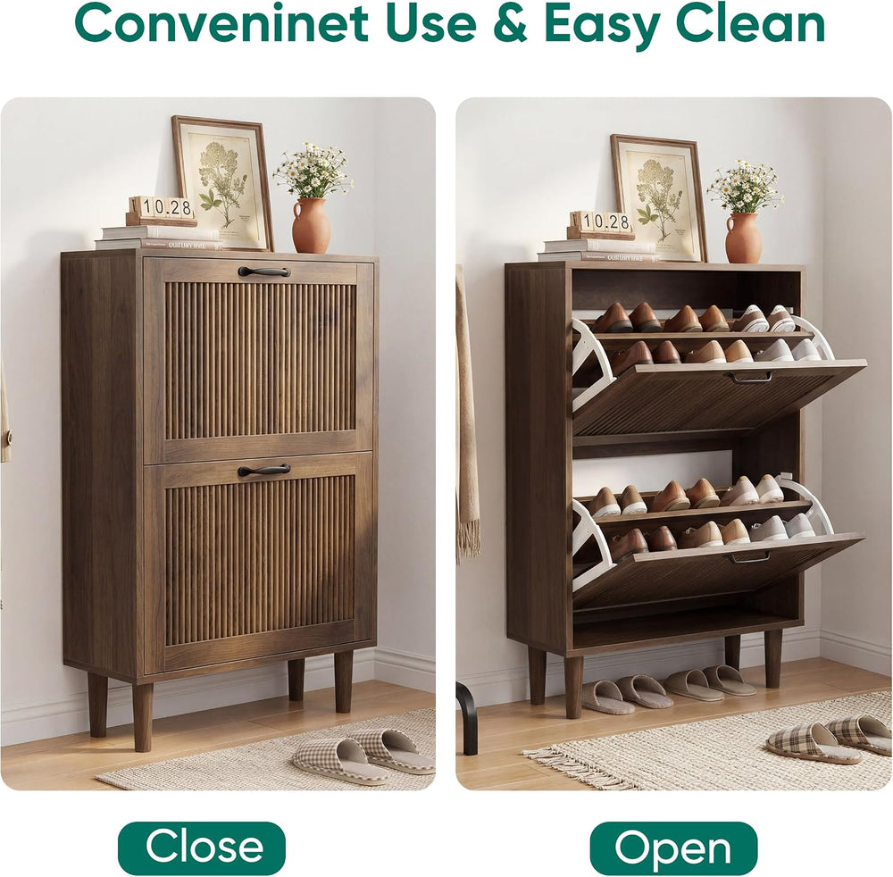 Smuxee Walnut Shoe Cabinet with 2 Flip Drawers, 23.6" Hidden Shoe Storag...