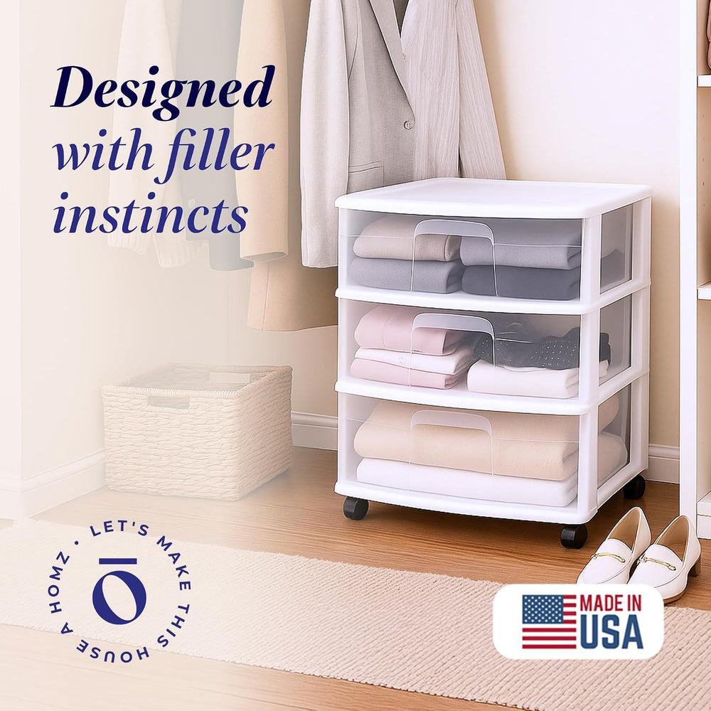 HOMZ Drawer Tower, 3-Tier Storage Cart with Removable Wheels, White Frame