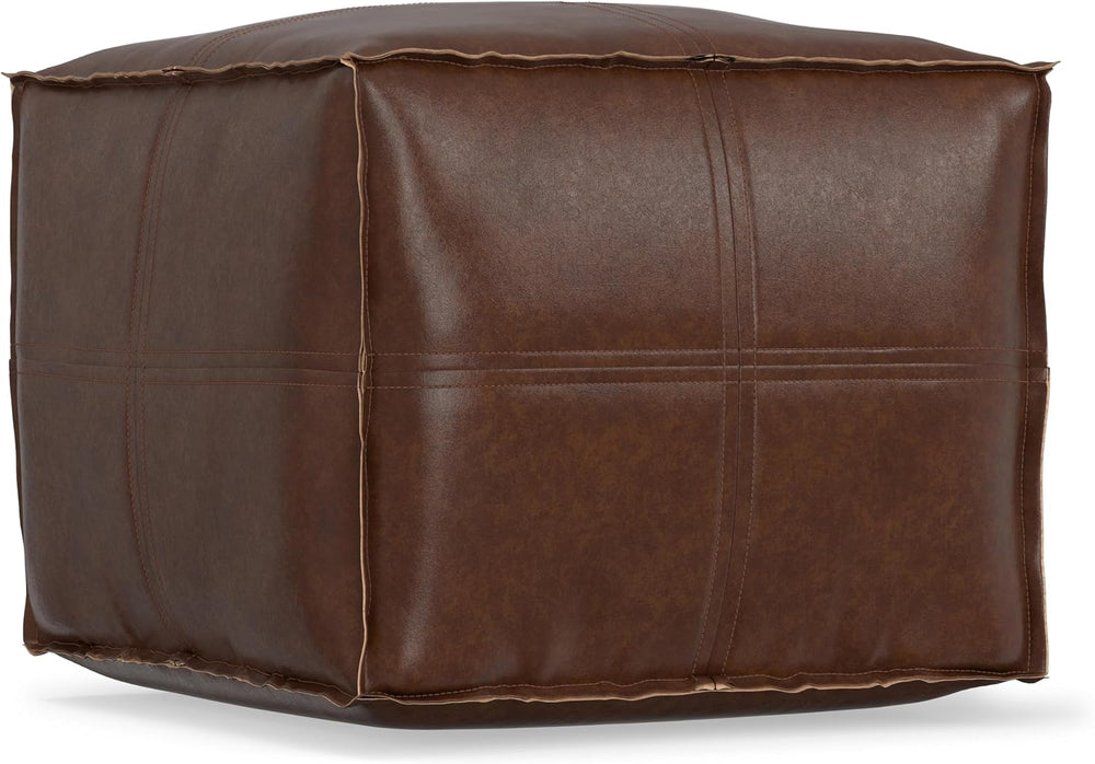 SIMPLIHOME Brody 18" Wide Square Pouf in Distressed Dark Brown Faux Leather