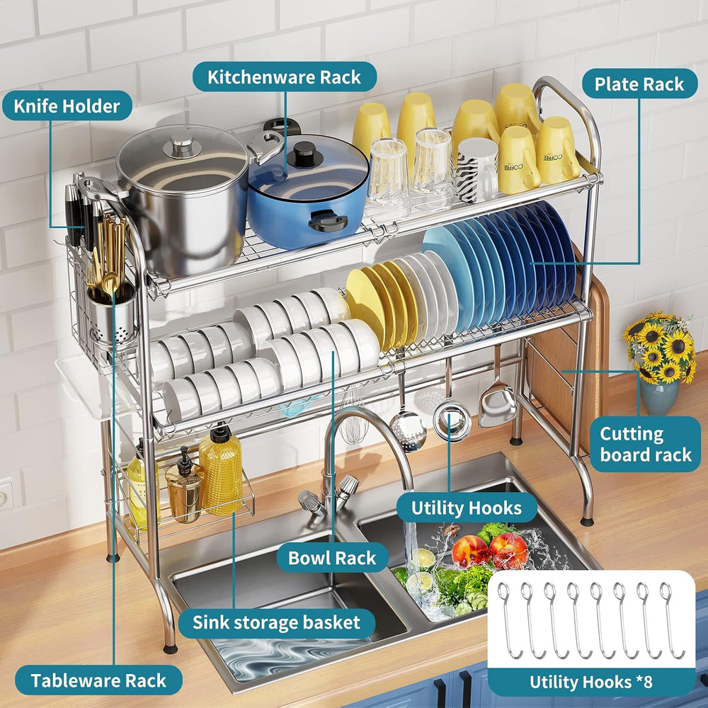 HOWDIA Stainless Steel 2-Tier Over The Sink Dish Drying Rack with Utensil Hol...