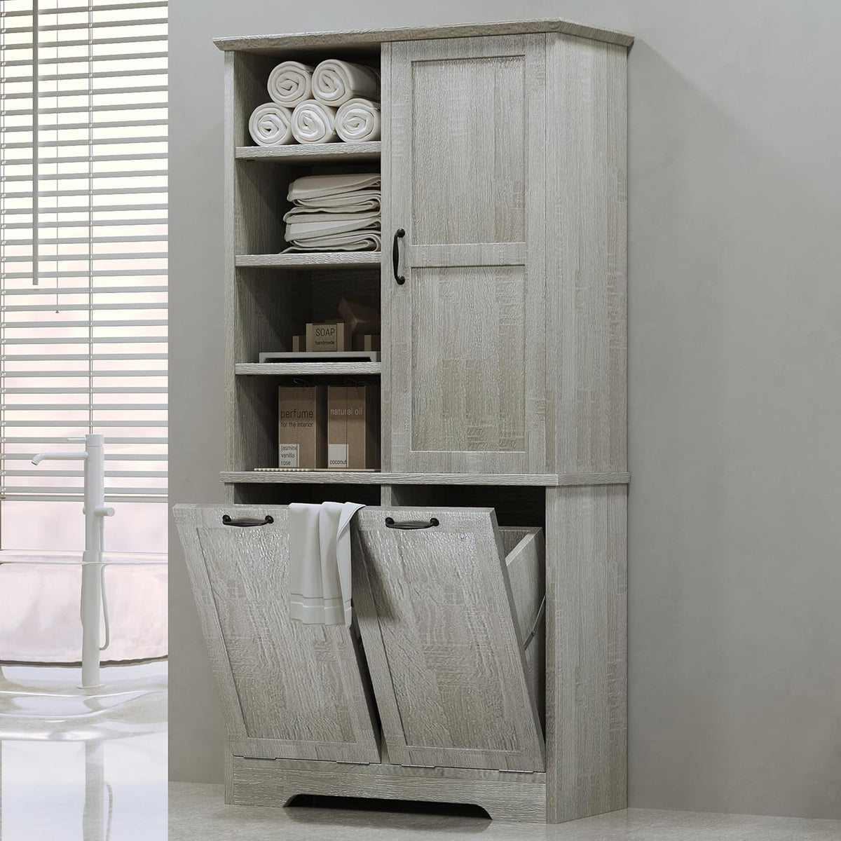 A long low run of closed storage, one drawer open