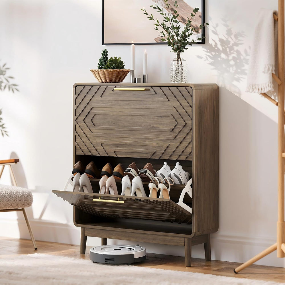 Shoe Storage Cabinet with Hand-Carved Raised Embossed 2 Flip Drawers,Narrow S...