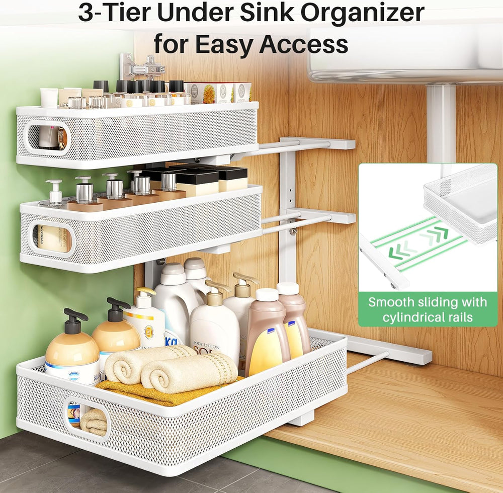 Kitstorack Under Sink Organizer, 2-Pack 3-Tier Height Adjustable Thickened Me...