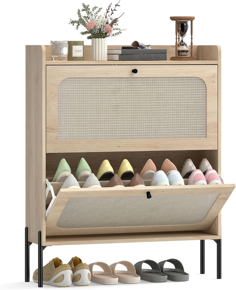 HOMCOM Shoe Cabinet with 2 Flip Drawers and Rattan Doors for Hallway, Oak