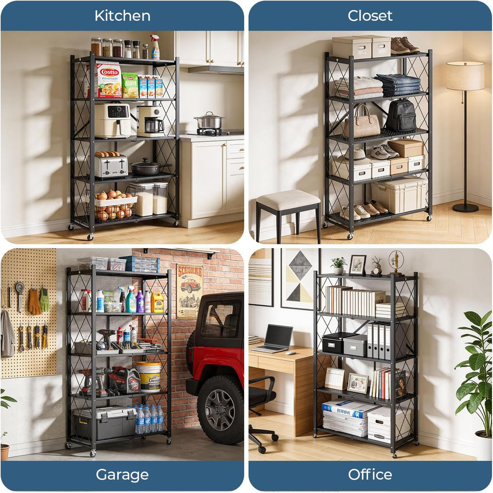 Upgraded 18% Thickened Portable 5-Tier Foldable Storage Shelves with Wheels