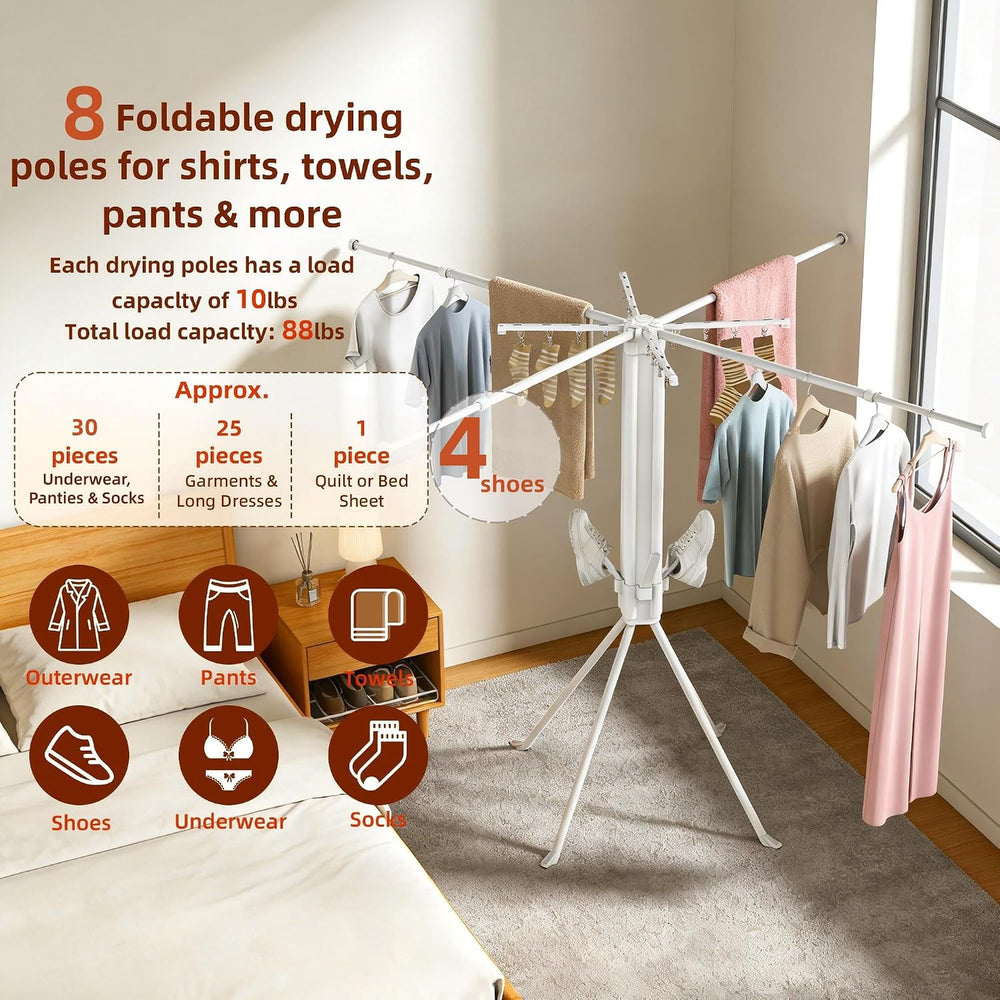 Clothes Drying Rack Foldable, 4-Leg Base, 16 Clips, 4 Shoe Holders