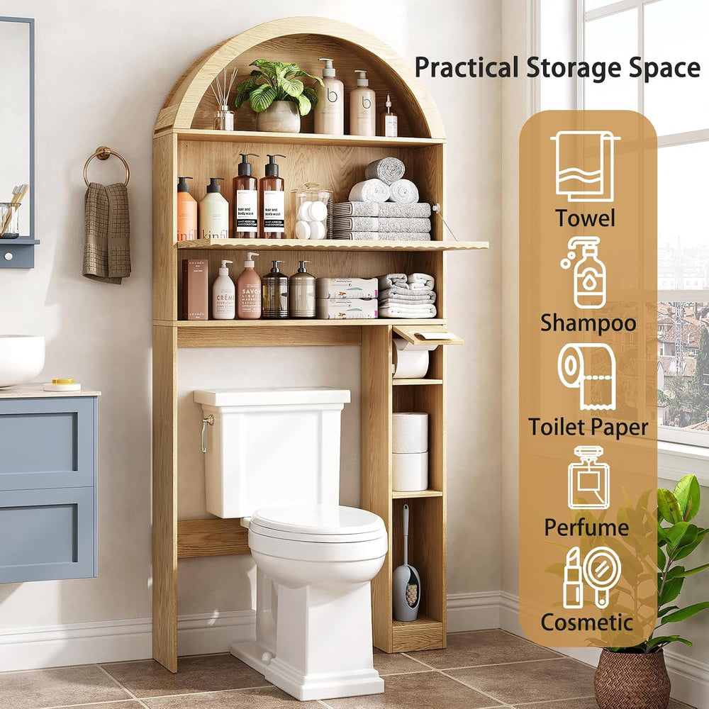 31" W Arched Over The Toilet Storage Cabinet, Fluted Doors, Natural