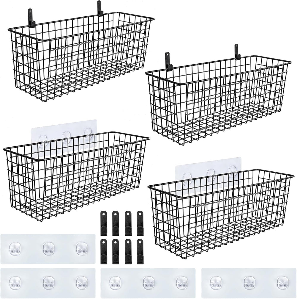 4 Set [EXTRA LARGE] Hanging Wall Mount Storage Baskets with Adhesive Hooks &a...