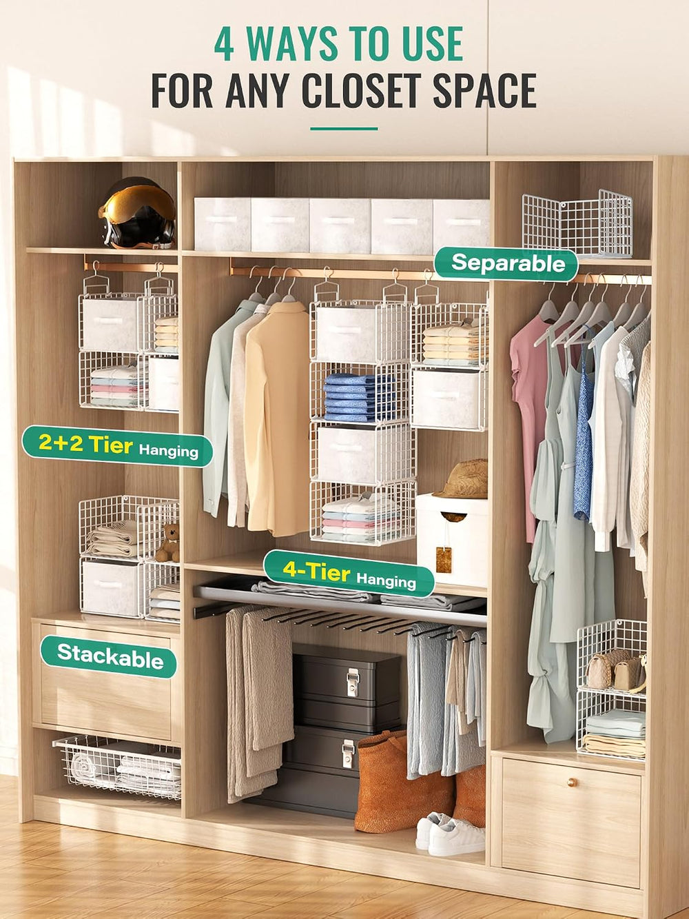 Hanging Closet Organizer with Drawers, 4 Tier Metal Closet Organizers and Sto...