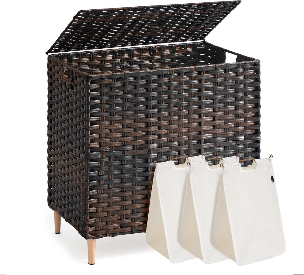 SONGMICS 3-Section Laundry Hamper with Lid, PE Rattan, 42 Gallons (160 L)