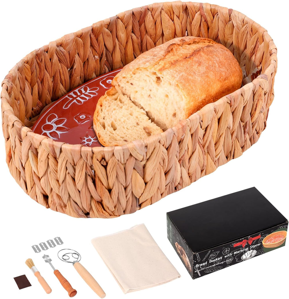 Bread Basket with Warming Stone and Cloth -Terra Cotta Bread Warmer, 12.7 * 8...