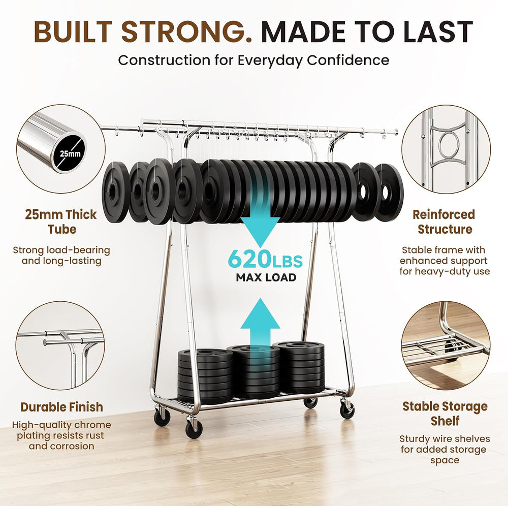 BELLAVENIR 620 Lbs Heavy Duty Rolling Clothes Rack, Double Rail