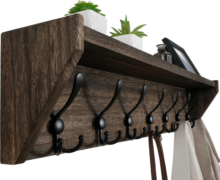 WEBI Coat Rack Wall Mount with Shelf,35" Long Wall Shelf with Hooks Underneath,7 Triple Hooks for Entryway,Hallway,Bedroom,Weathered Brown