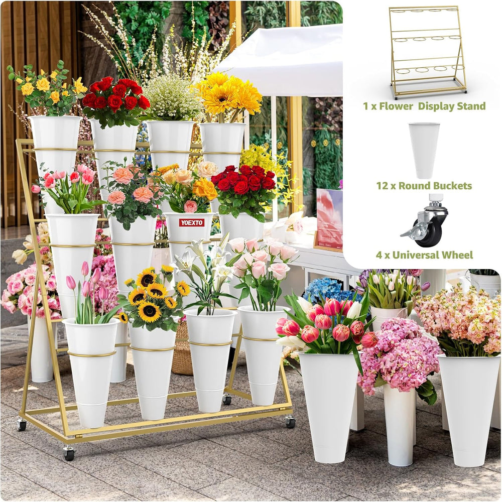 Flower Display Stand 3 Layers with 12 PCS Round Buckets, Plant Stand with Whe...