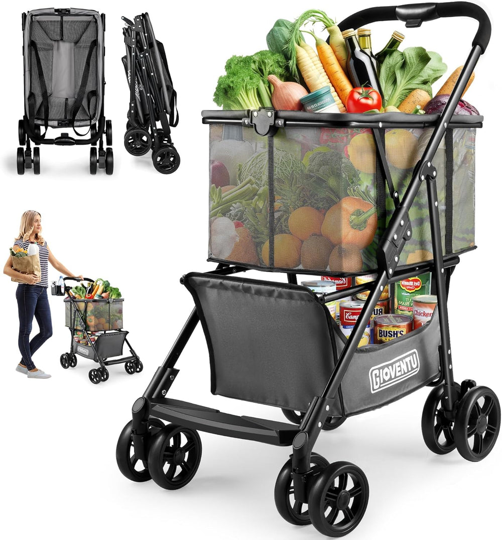 Folding Stroller Shopping Cart, 80lbs Collapsible W/ 360° Wheels, 2-Tier