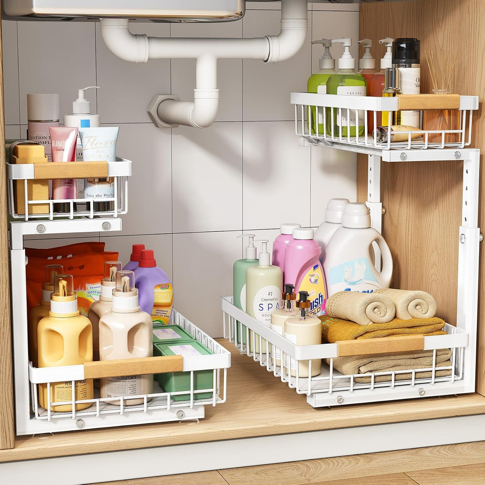 PXRACK Under Sink Organizer, Adjustable Height, 2 Tier Pull Out Under Cabinet...