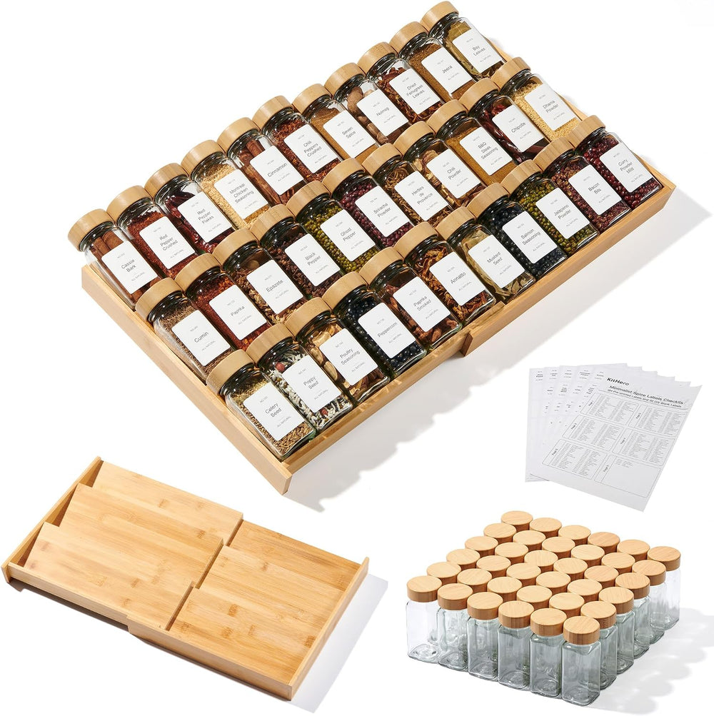 3-Tier Expandable Bamboo Spice Drawer Organizer, Adjustable Width 12" to...