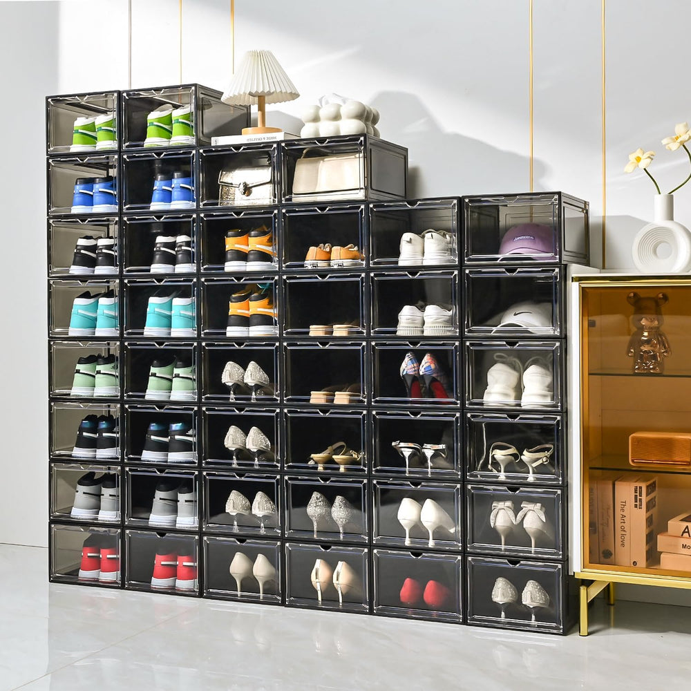 Large Shoe Boxes Clear Plastic Stackable，Drop Front Shoe Box with Clear Door,...