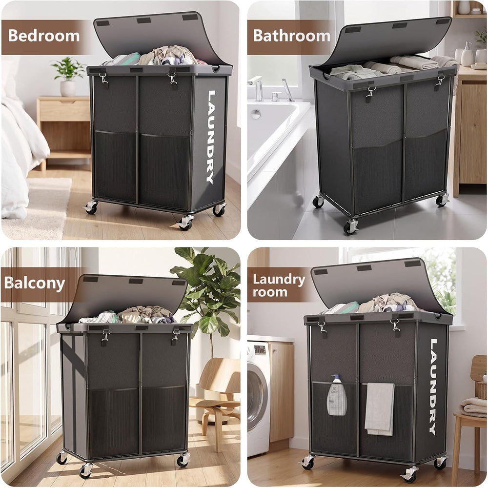 Laundry Hamper with Wheels and Lid, 225L Large Rolling Laundry Basket Gray