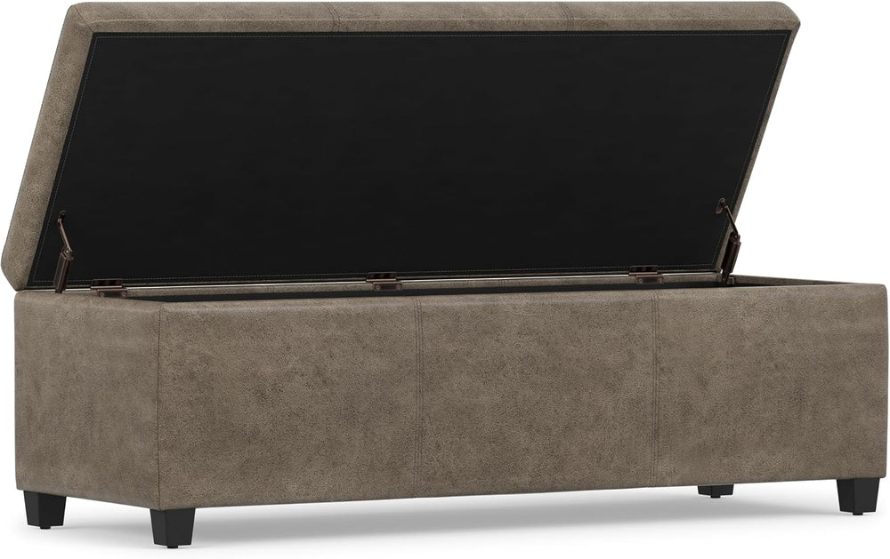 SIMPLIHOME Avalon 48" Wide Vegan Leather Storage Ottoman in Grey Brown