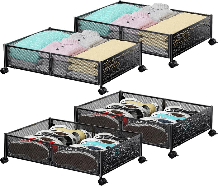 PHINOX Under Bed Storage with Wheels,Patterned,Sturdy Metal,4 Pack,Black