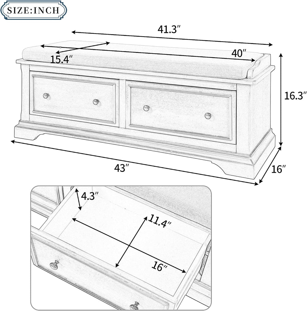 Storage Bench,Solid Wood Shoe Bench with Two Large Drawers and Removable Cush...